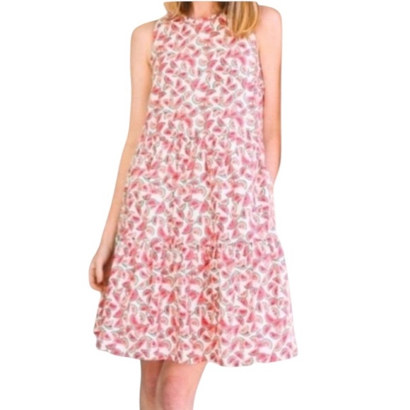 J. Crew Dresses & Skirts - J. Crew Re-Imagined Tiered Dress Watermelon Print Side Pockets White Pink  12